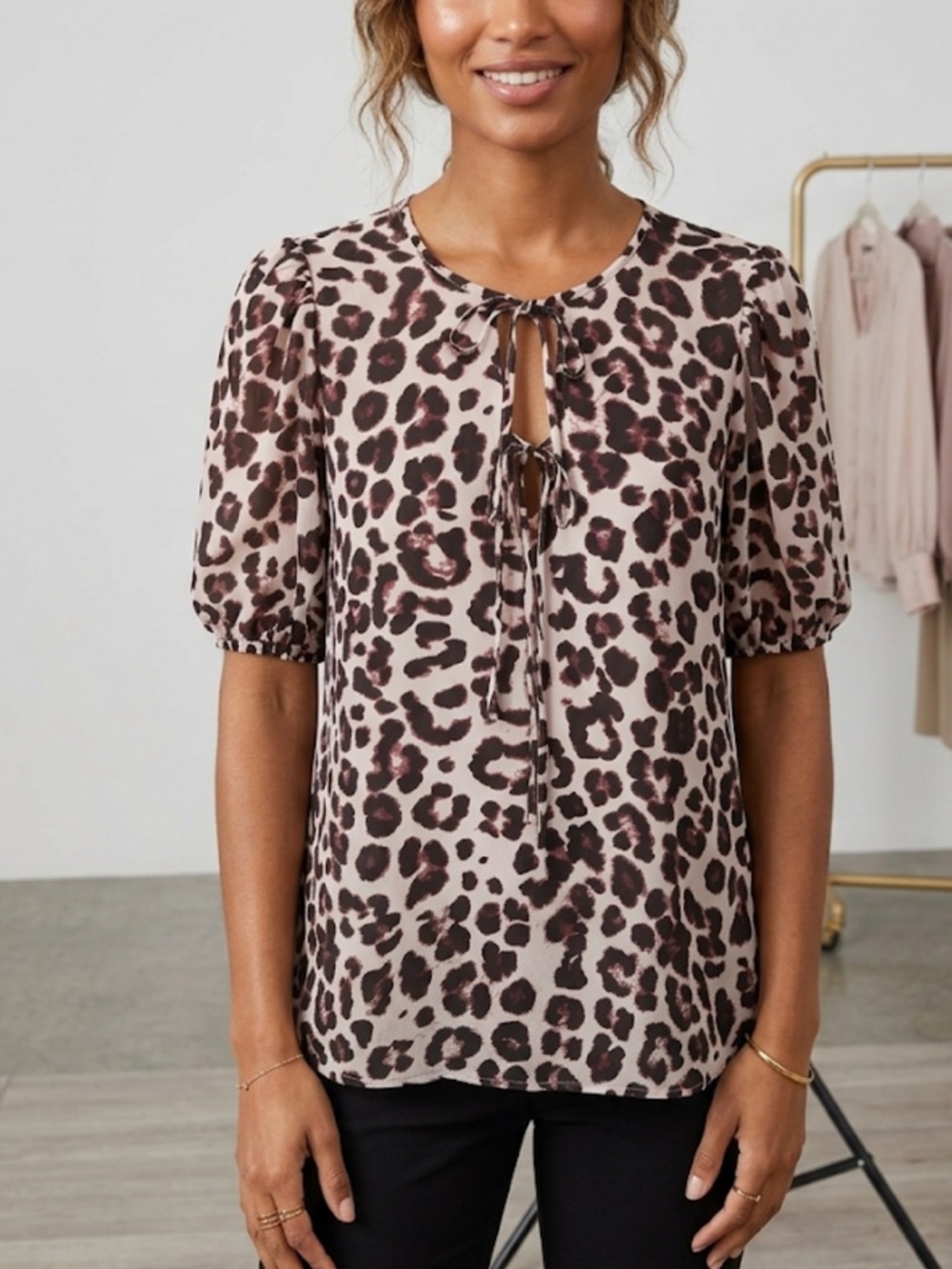 Ce Ce Chic Leopard Print Women’s Blouse in Cream ‎ and Brown